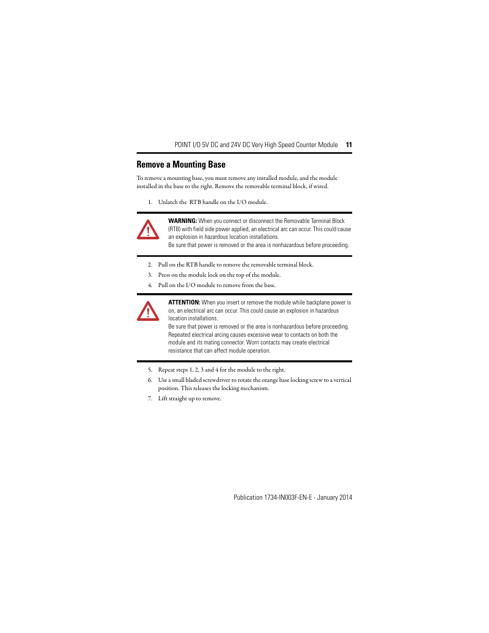 Remove a mounting base | Rockwell Automation 1734-VHSC24 Point I/O Very High Speed Counter Module User Manual | Page 11 / 28