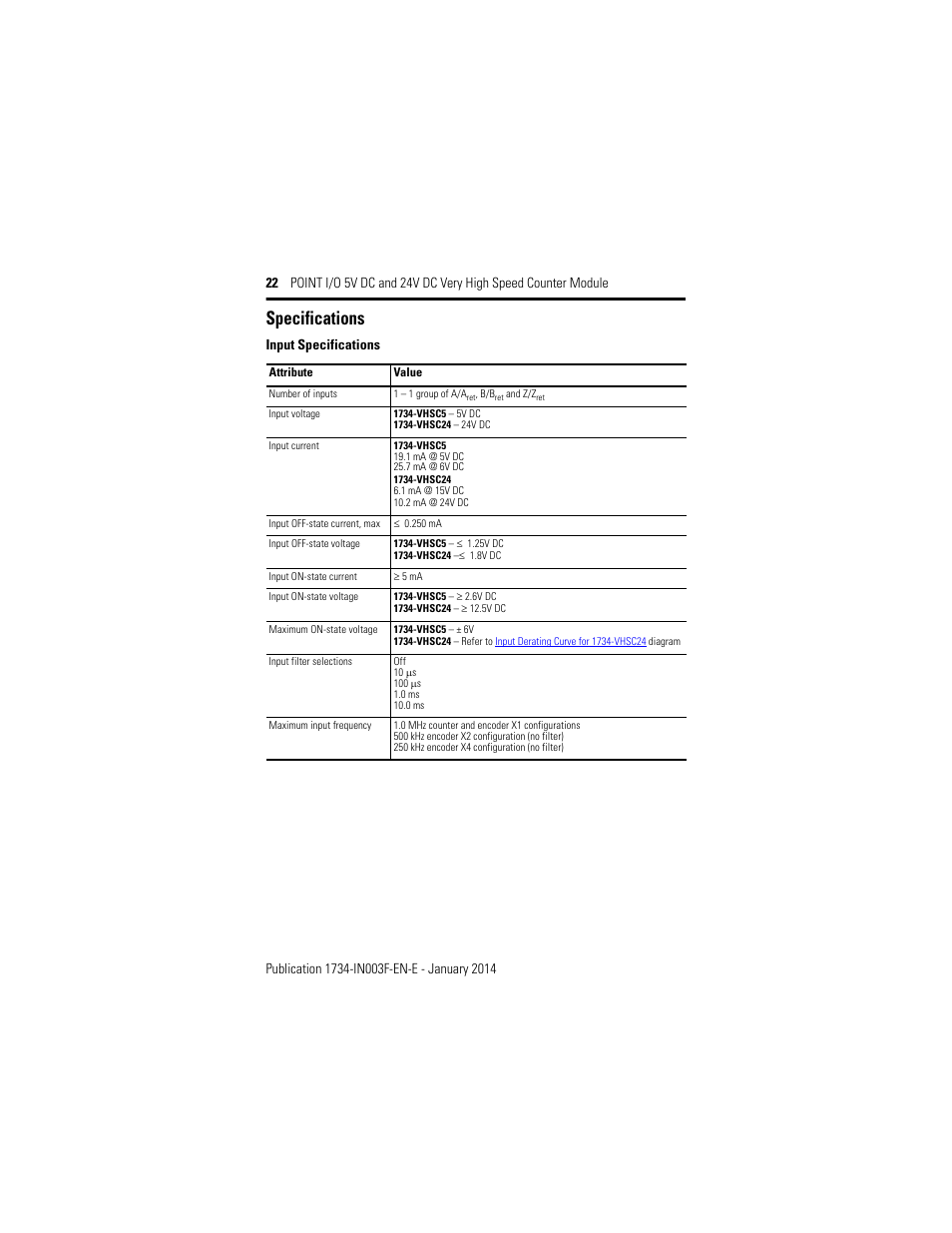 Specifications, Input specifications | Rockwell Automation 1734-VHSC24 Point I/O Very High Speed Counter Module User Manual | Page 22 / 28