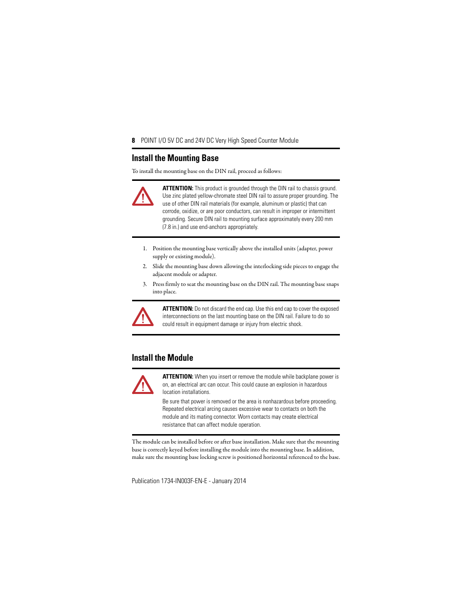 Install the mounting base, Install the module | Rockwell Automation 1734-VHSC24 Point I/O Very High Speed Counter Module User Manual | Page 8 / 28