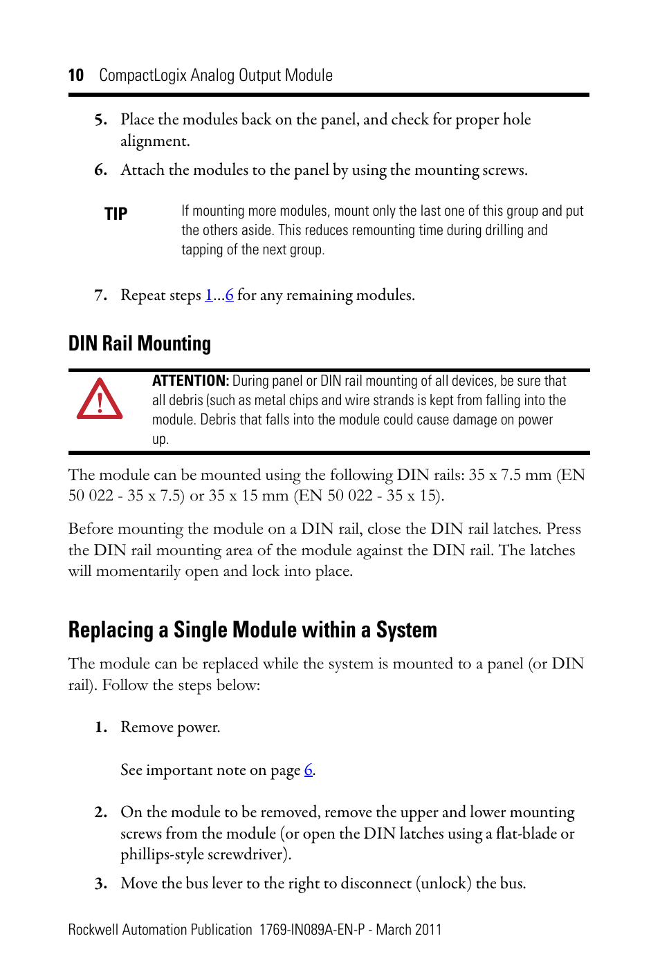 Din rail mounting, Replacing a single module within a system | Rockwell Automation 1769-OF8V CompactLogix Analog Output Module User Manual | Page 10 / 40