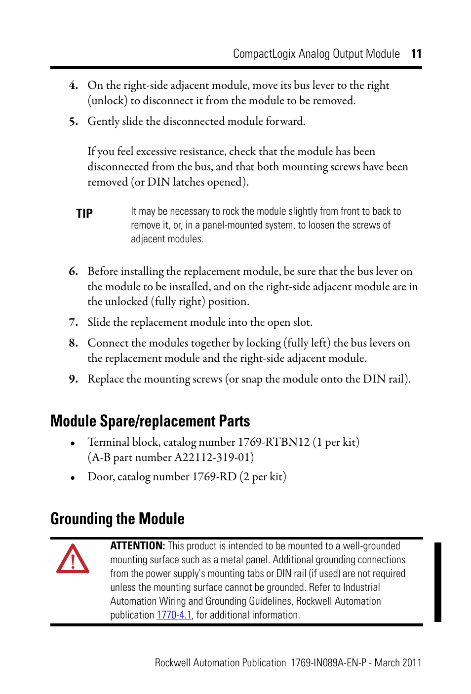 Module spare/replacement parts, Grounding the module | Rockwell Automation 1769-OF8V CompactLogix Analog Output Module User Manual | Page 11 / 40