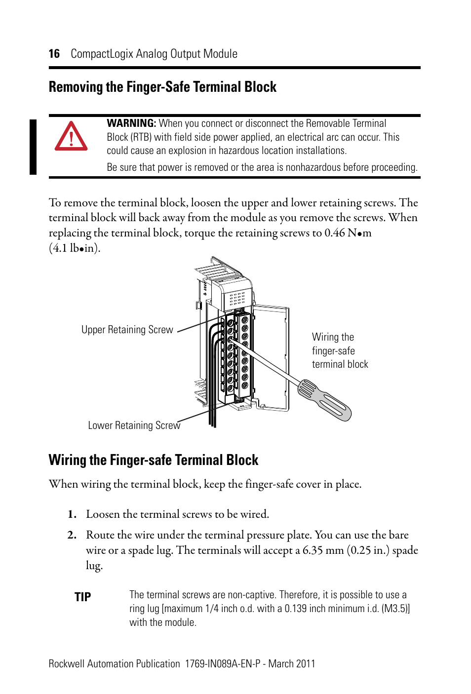 Removing the finger-safe terminal block, Wiring the finger-safe terminal block | Rockwell Automation 1769-OF8V CompactLogix Analog Output Module User Manual | Page 16 / 40