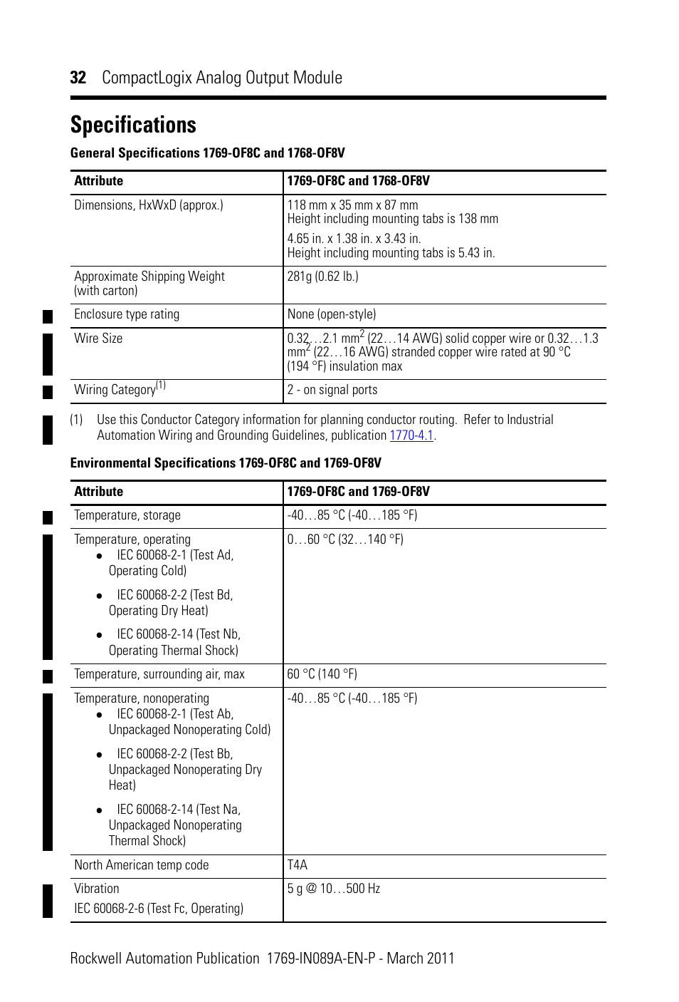 Specifications, 32 compactlogix analog output module | Rockwell Automation 1769-OF8V CompactLogix Analog Output Module User Manual | Page 32 / 40