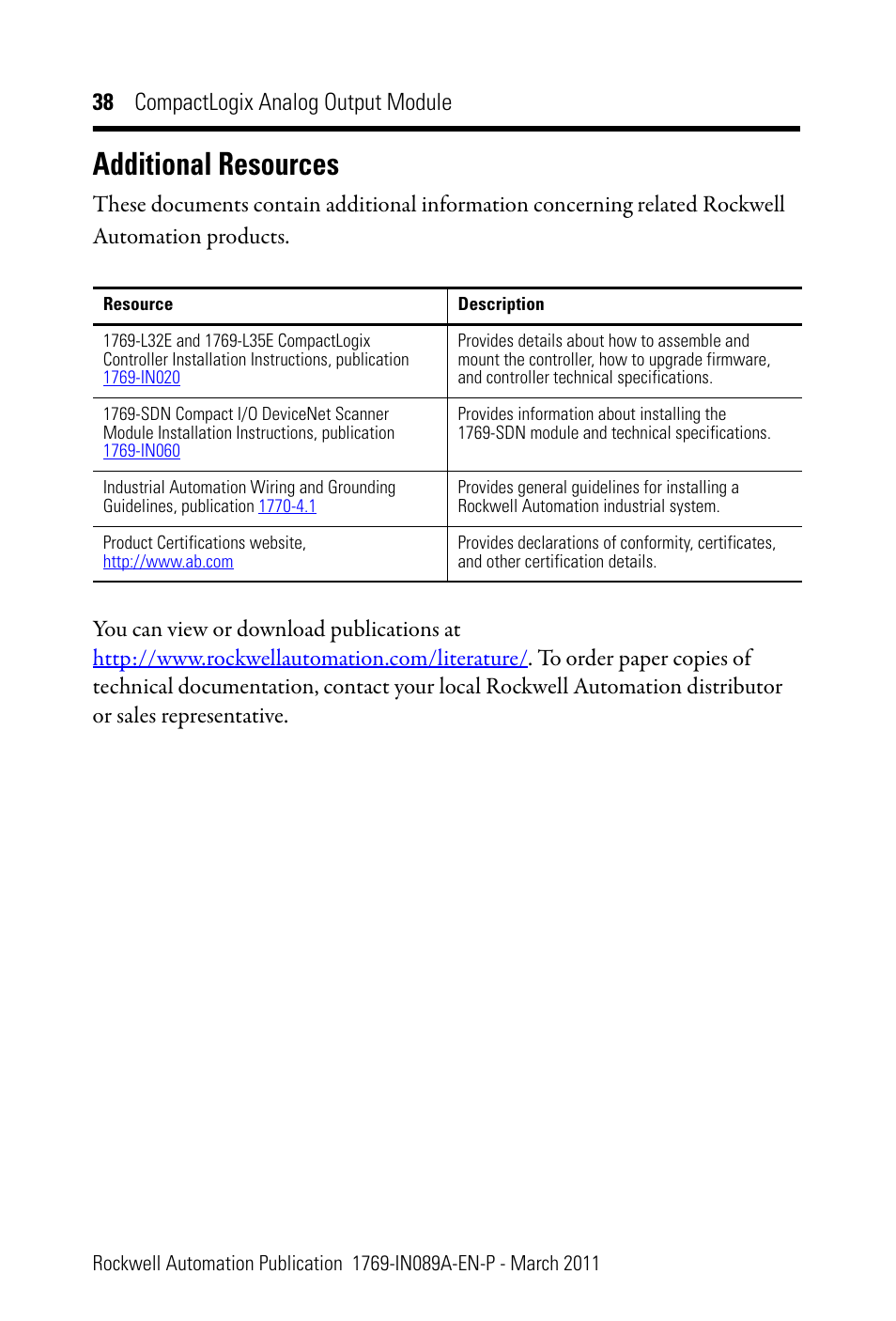 Additional resources, 38 compactlogix analog output module | Rockwell Automation 1769-OF8V CompactLogix Analog Output Module User Manual | Page 38 / 40