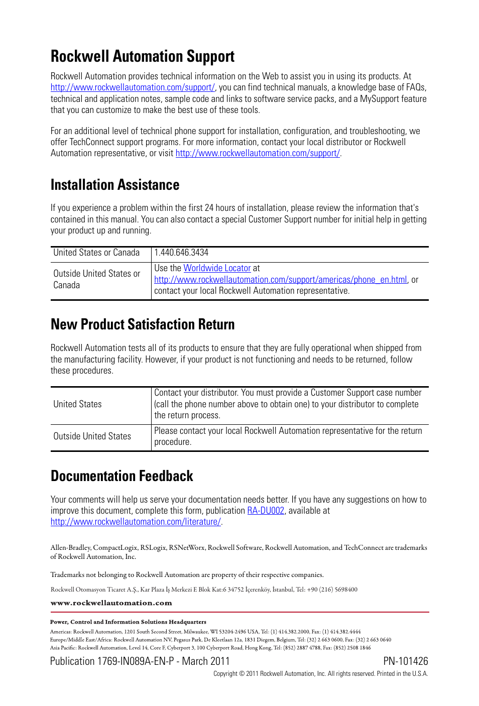 Back cover, Rockwell automation support, Installation assistance | New product satisfaction return, Documentation feedback | Rockwell Automation 1769-OF8V CompactLogix Analog Output Module User Manual | Page 40 / 40