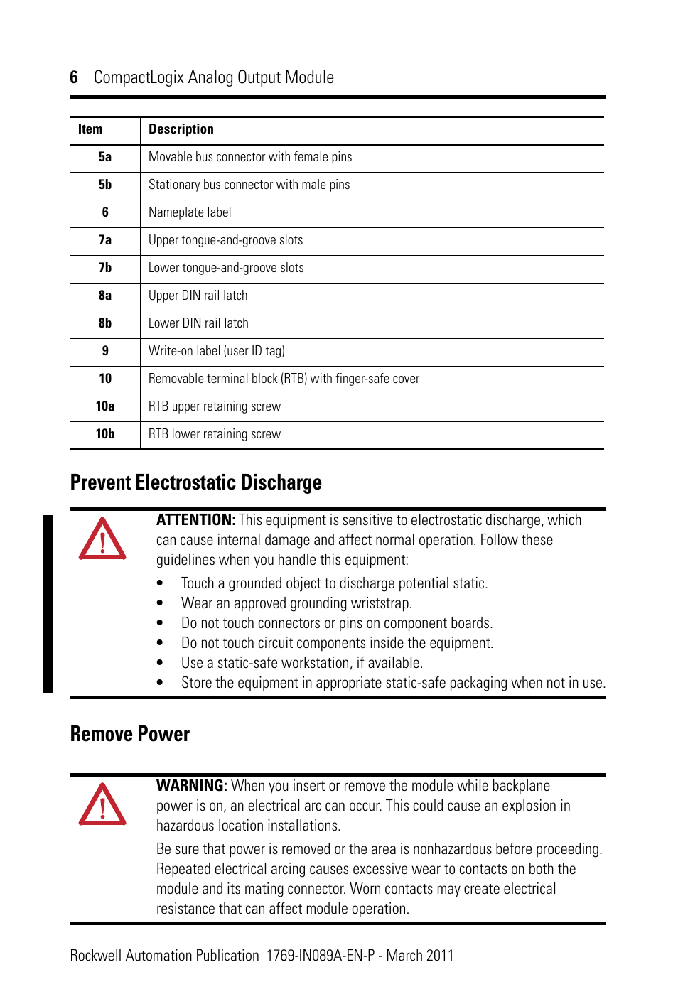 Prevent electrostatic discharge, Remove power, Prevent electrostatic discharge remove power | 6 compactlogix analog output module | Rockwell Automation 1769-OF8V CompactLogix Analog Output Module User Manual | Page 6 / 40