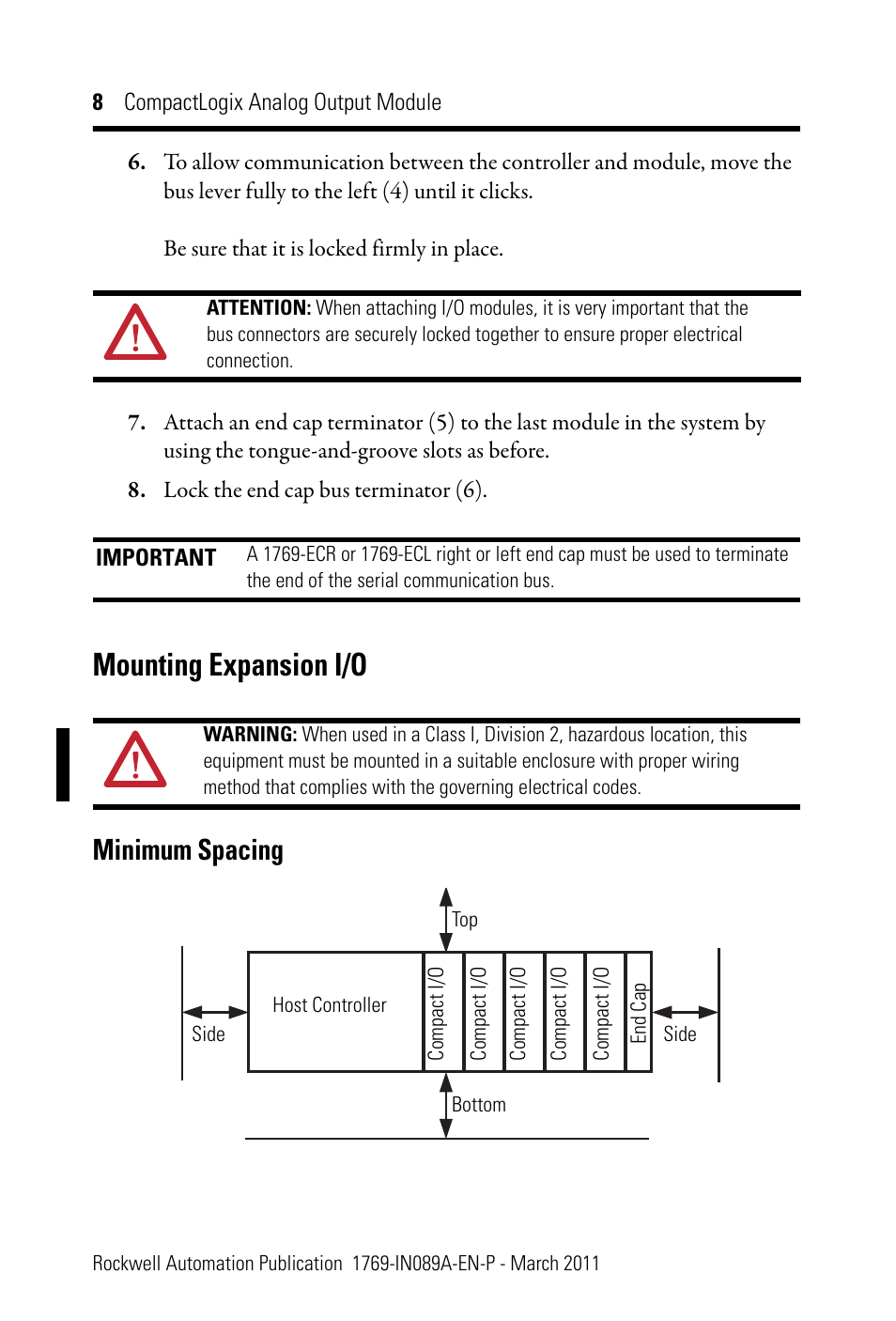Mounting expansion i/o, Minimum spacing | Rockwell Automation 1769-OF8V CompactLogix Analog Output Module User Manual | Page 8 / 40