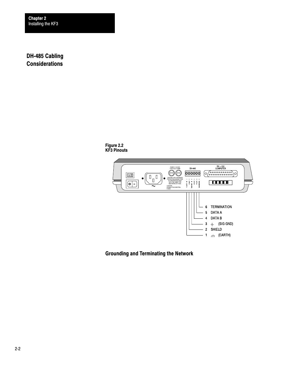 Dhć485 cabling considerations, Grounding and terminating the network, Installing the kf3 chapter 2 2ć2 | Figure 2.2 kf3 pinouts | Rockwell Automation 1770-KF3 DH-485 Communication Interface User Manual User Manual | Page 10 / 59