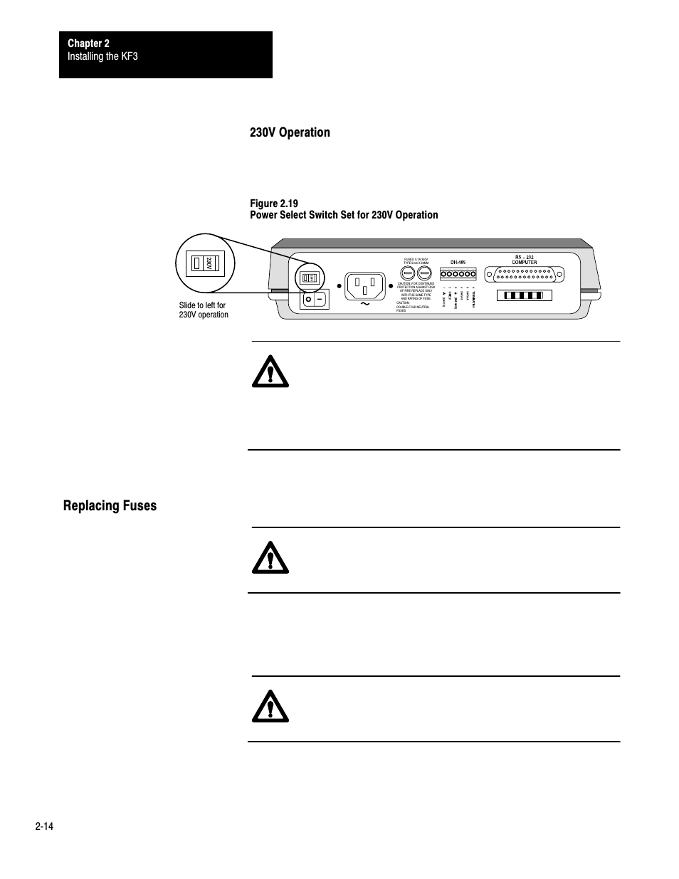 Replacing fuses, 2ć14, 230v operation | Rockwell Automation 1770-KF3 DH-485 Communication Interface User Manual User Manual | Page 22 / 59