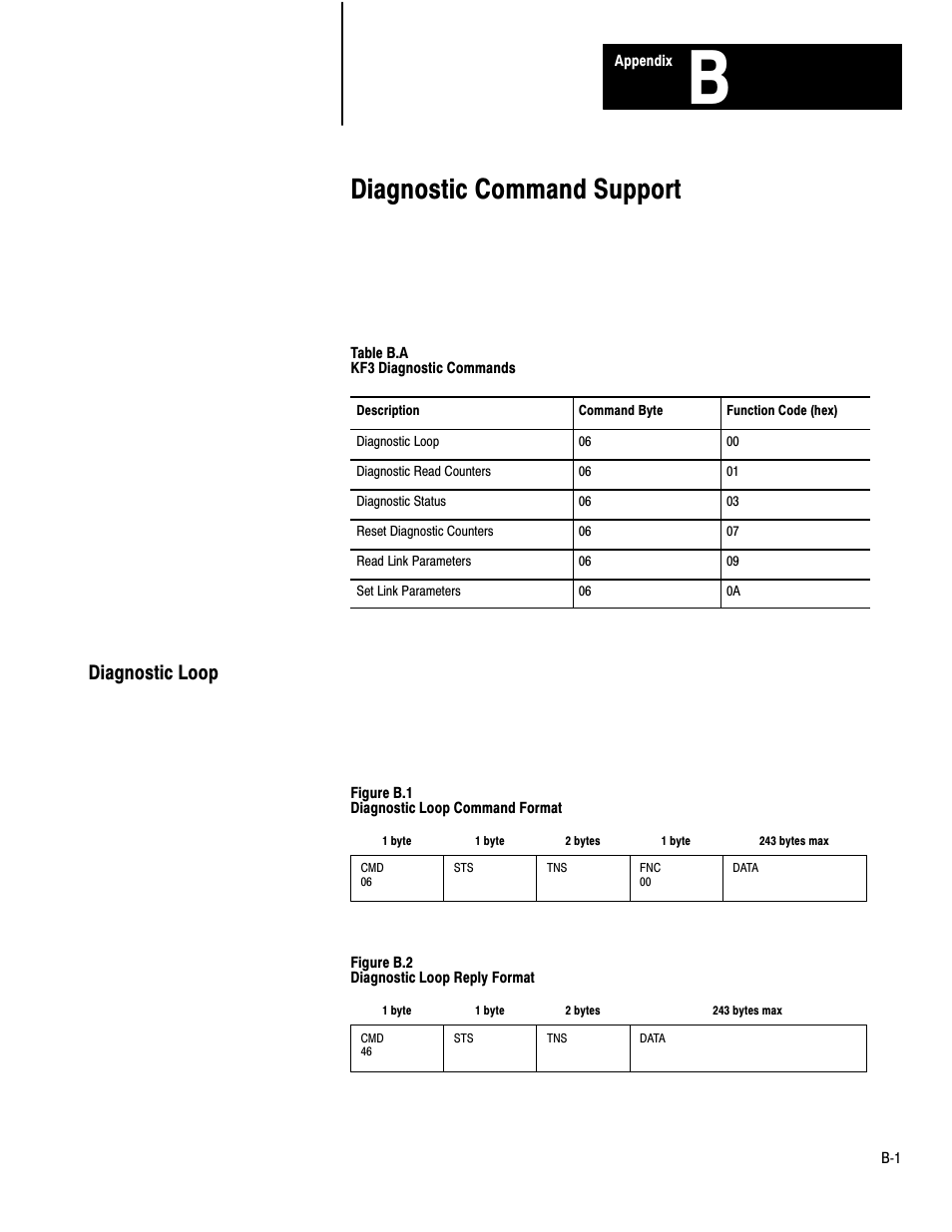 B - diagnostic command support, Diagnostic command support, Diagnostic loop | Rockwell Automation 1770-KF3 DH-485 Communication Interface User Manual User Manual | Page 49 / 59