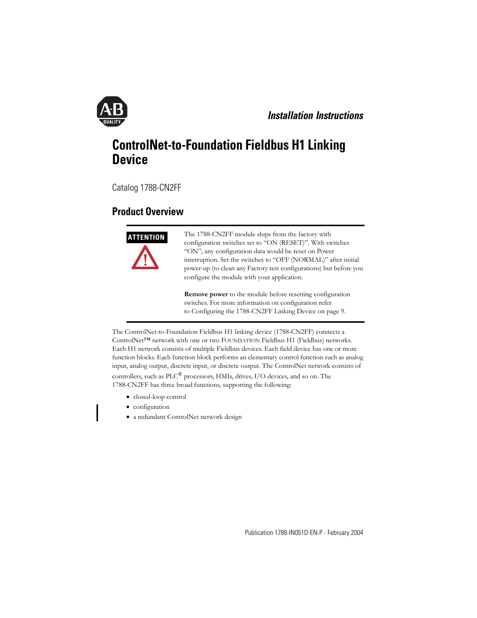 Rockwell Automation 1788-CN2FF ControlNet to Foundation Fieldbus H1 Linking Device Installation Instructions User Manual | 24 pages