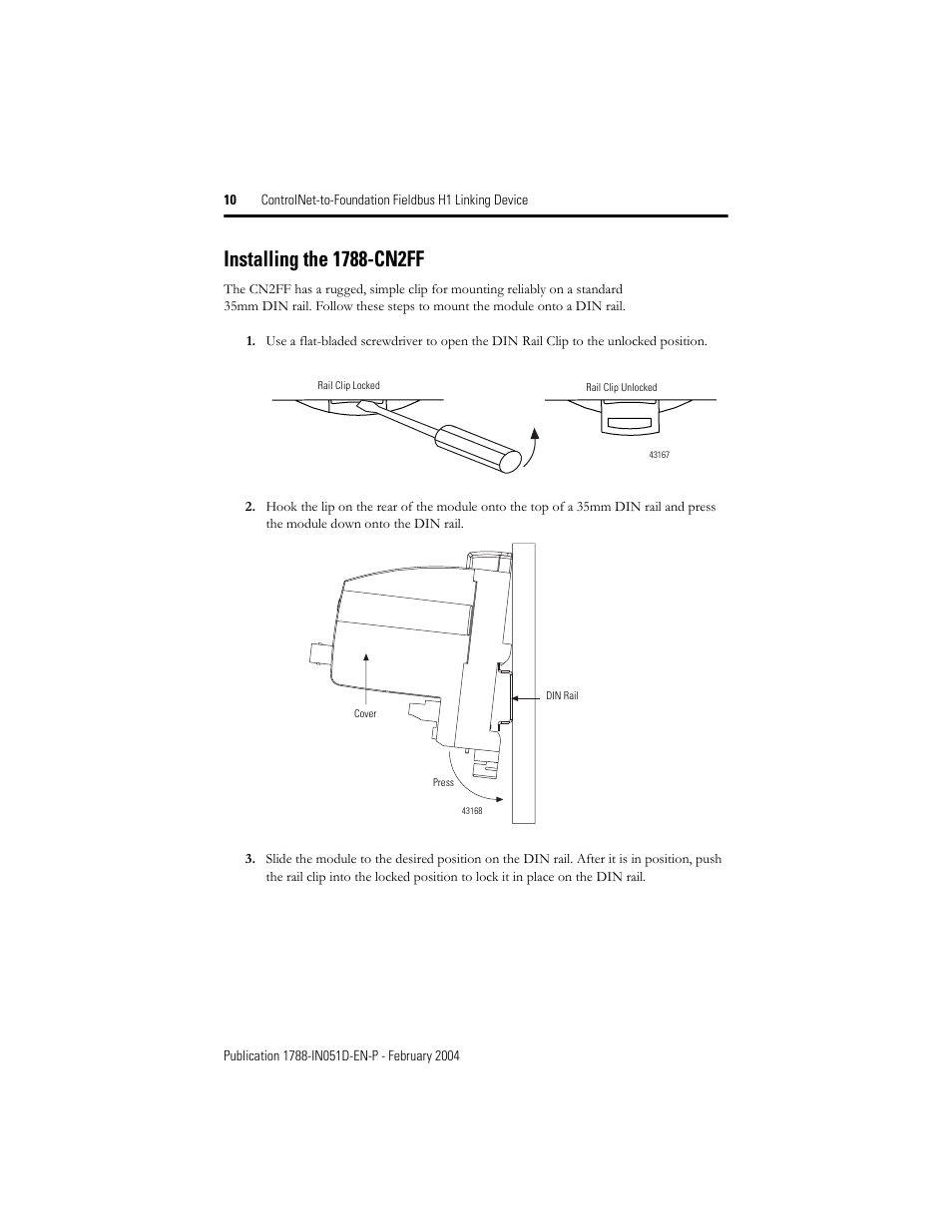 Installing the 1788-cn2ff | Rockwell Automation 1788-CN2FF ControlNet to Foundation Fieldbus H1 Linking Device Installation Instructions User Manual | Page 10 / 24