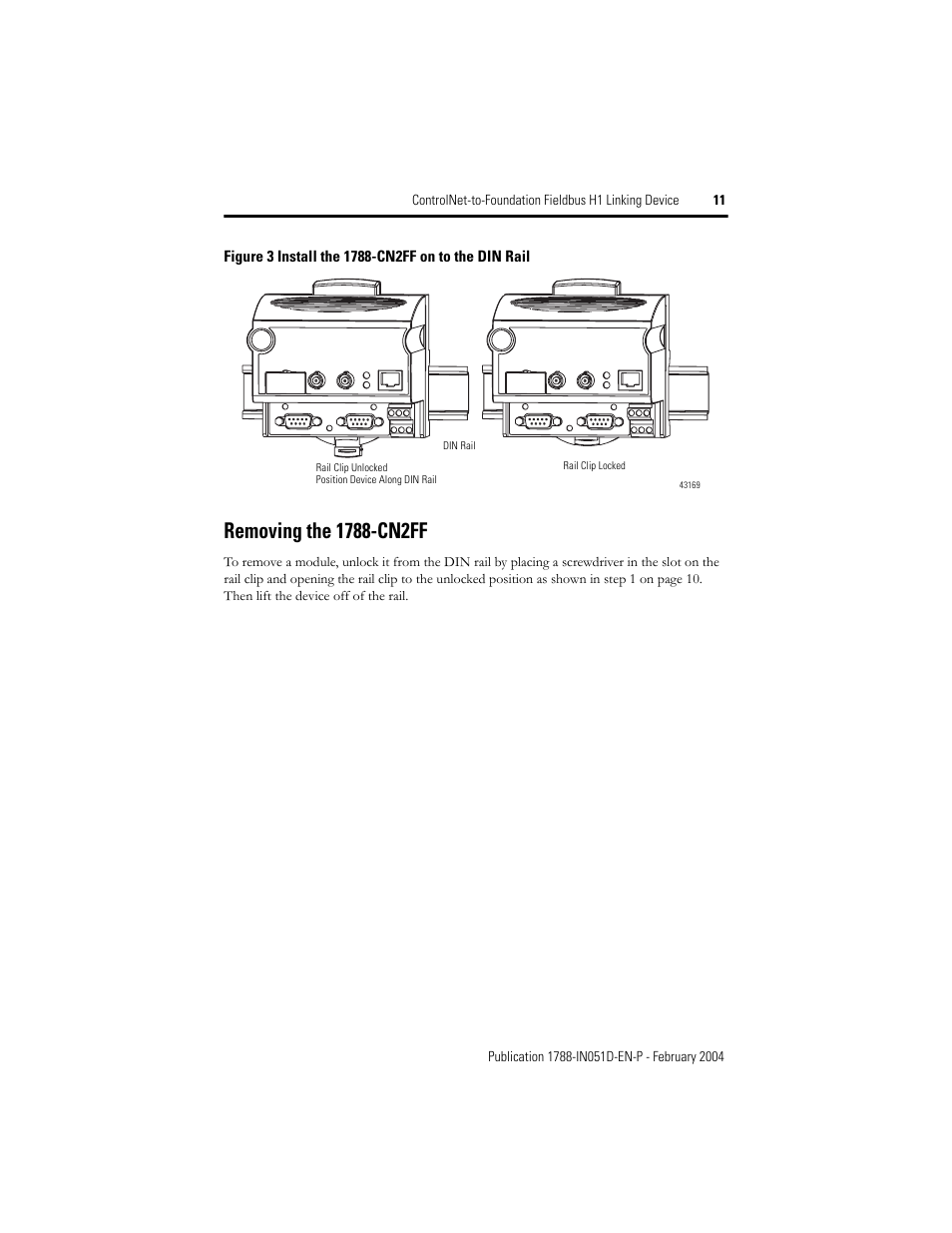 Removing the 1788-cn2ff | Rockwell Automation 1788-CN2FF ControlNet to Foundation Fieldbus H1 Linking Device Installation Instructions User Manual | Page 11 / 24