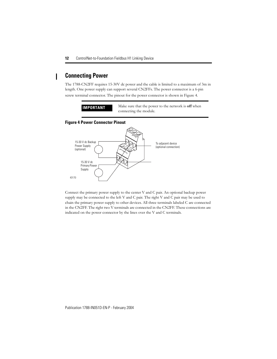 Connecting power | Rockwell Automation 1788-CN2FF ControlNet to Foundation Fieldbus H1 Linking Device Installation Instructions User Manual | Page 12 / 24