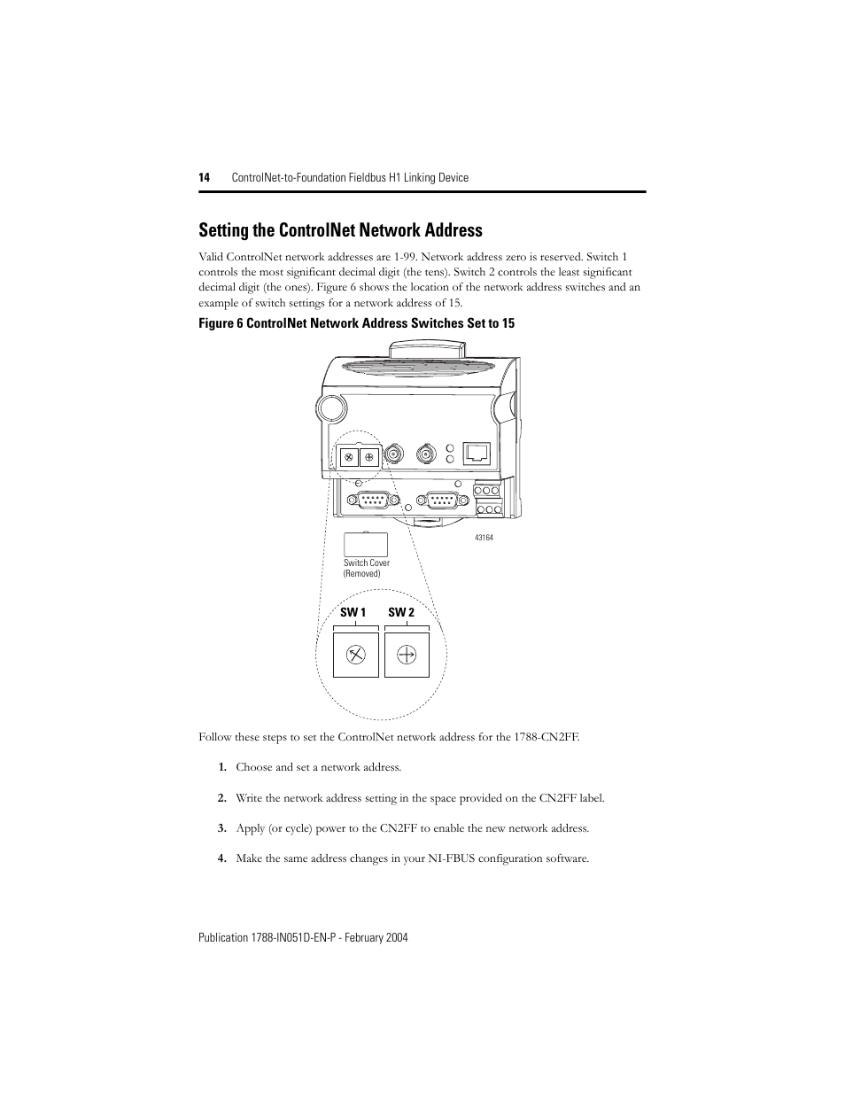 Setting the controlnet network address, Sw 1 sw 2 | Rockwell Automation 1788-CN2FF ControlNet to Foundation Fieldbus H1 Linking Device Installation Instructions User Manual | Page 14 / 24