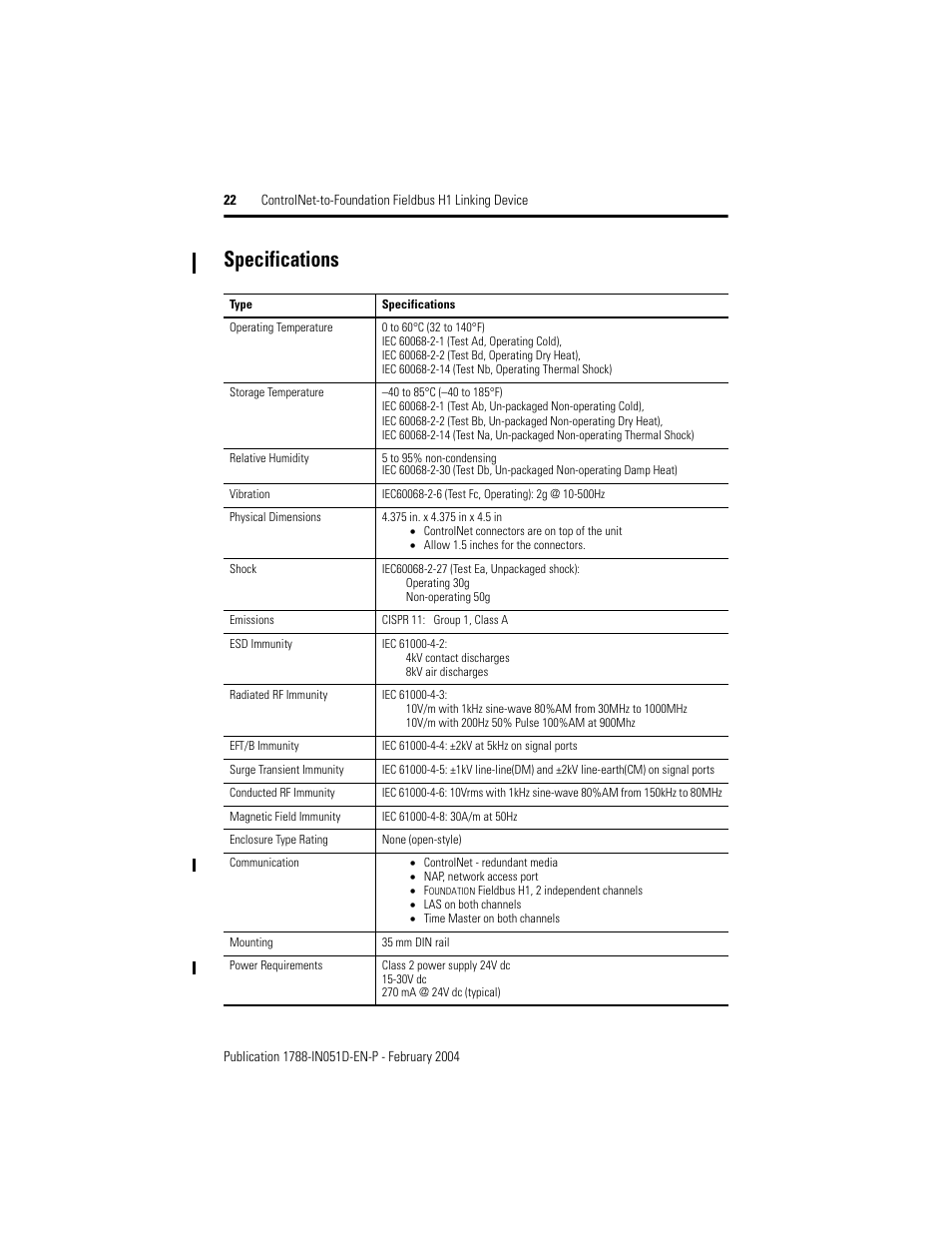 Specifications | Rockwell Automation 1788-CN2FF ControlNet to Foundation Fieldbus H1 Linking Device Installation Instructions User Manual | Page 22 / 24