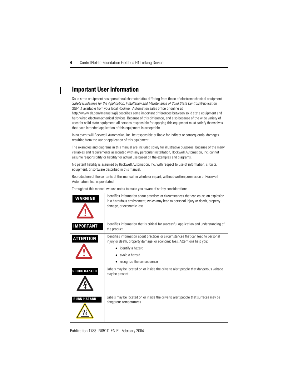 Important user information | Rockwell Automation 1788-CN2FF ControlNet to Foundation Fieldbus H1 Linking Device Installation Instructions User Manual | Page 4 / 24