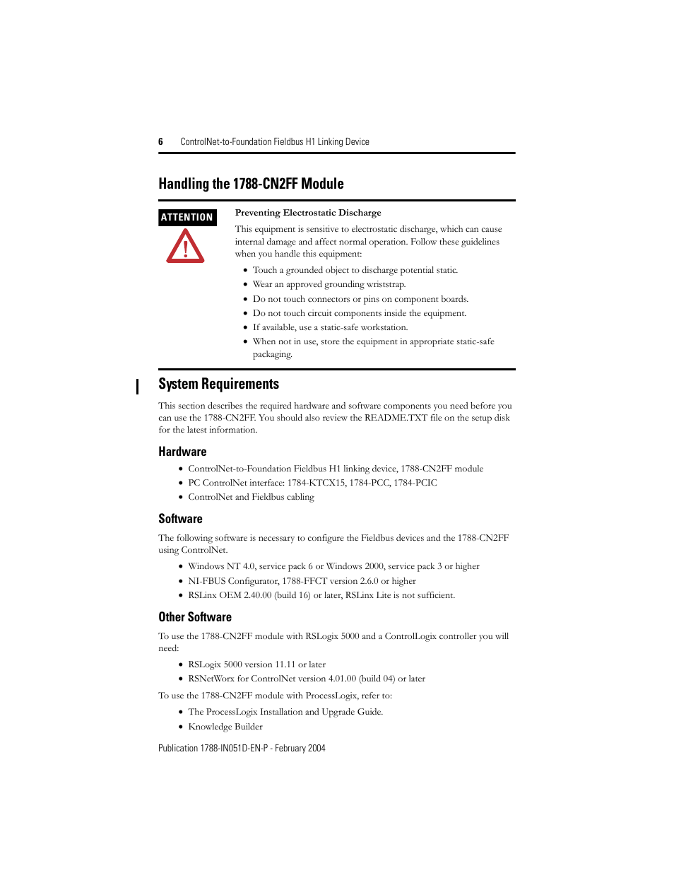 Handling the 1788-cn2ff module, System requirements, Hardware | Software, Other software | Rockwell Automation 1788-CN2FF ControlNet to Foundation Fieldbus H1 Linking Device Installation Instructions User Manual | Page 6 / 24