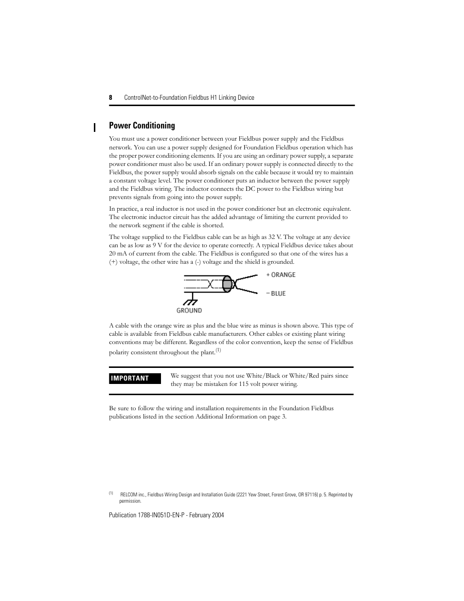 Power conditioning | Rockwell Automation 1788-CN2FF ControlNet to Foundation Fieldbus H1 Linking Device Installation Instructions User Manual | Page 8 / 24
