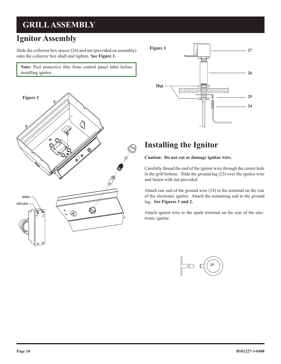 Ignitor assembly, Installing the ignitor, Grill assembly | Broilmaster P4-1 User Manual | Page 10 / 24