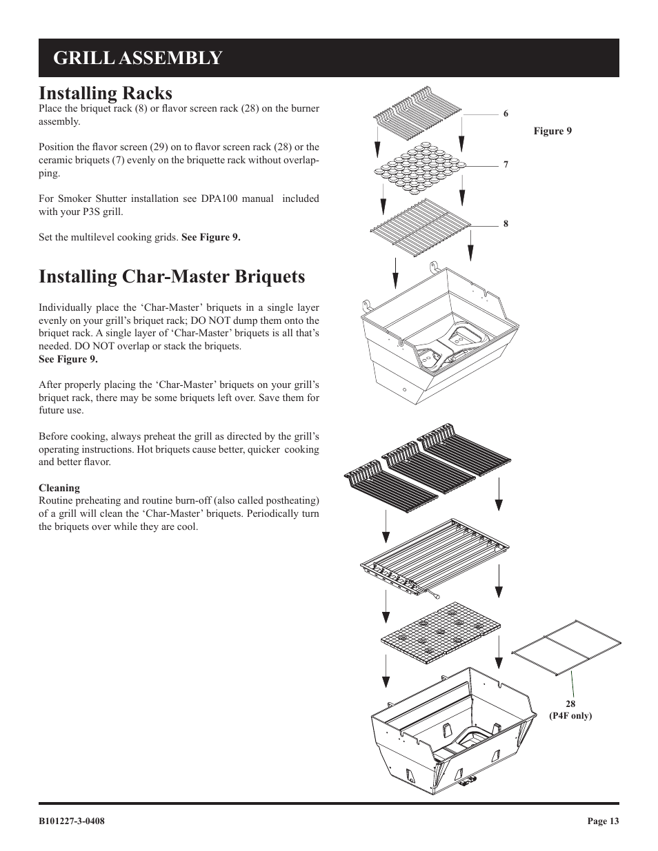 Installing racks, Installing char-master briquets grill assembly | Broilmaster P4-1 User Manual | Page 13 / 24