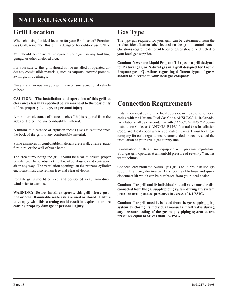 Gas type, Connection requirements, Grill location | Natural gas grills | Broilmaster P4-1 User Manual | Page 18 / 24