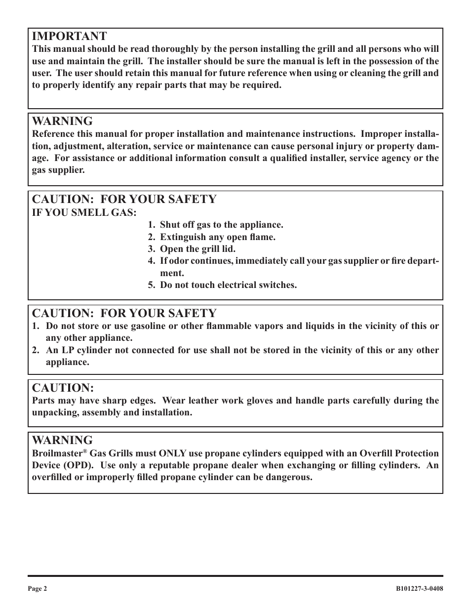 Warning, Caution: for your safety, Caution | Important | Broilmaster P4-1 User Manual | Page 2 / 24