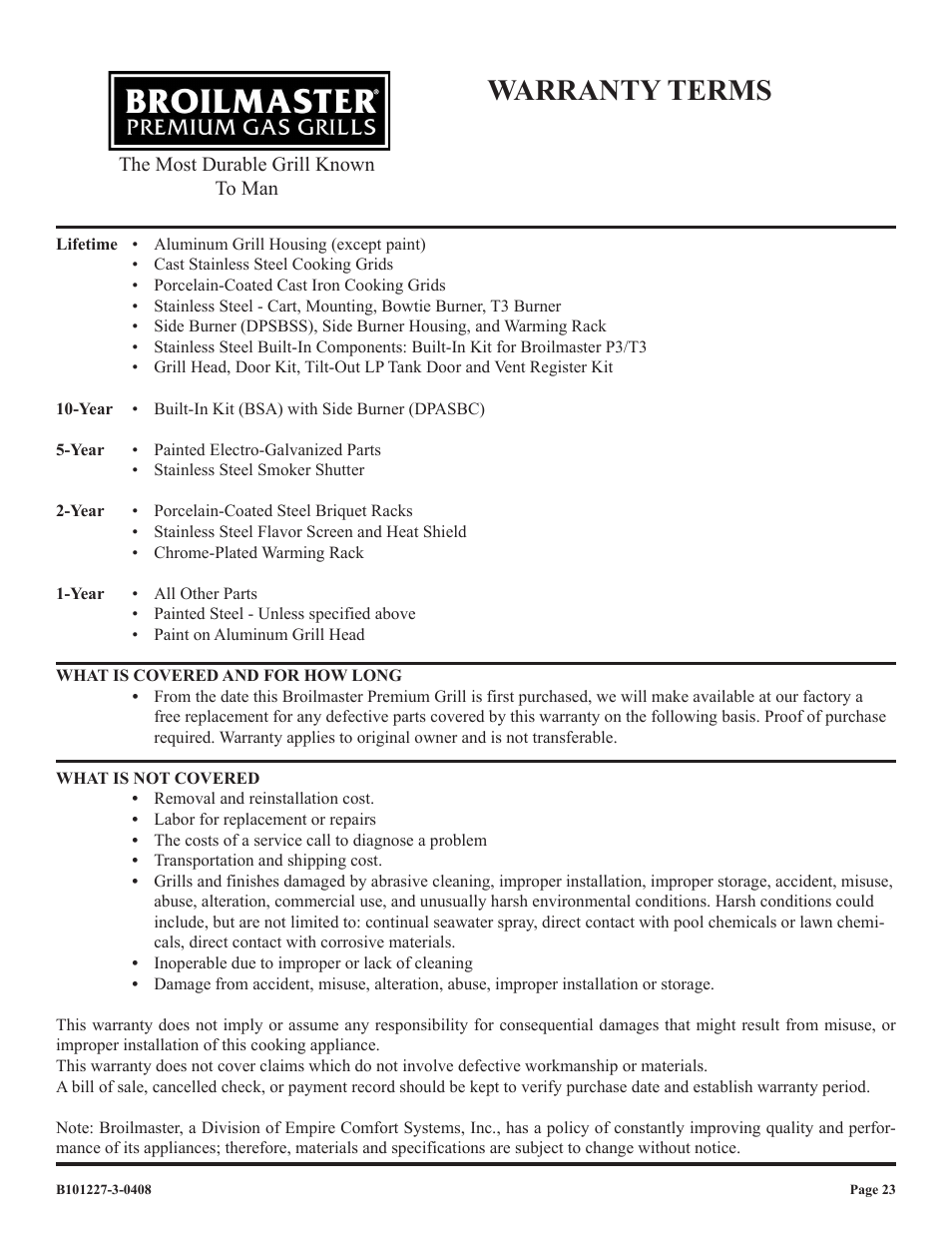 Warranty terms | Broilmaster P4-1 User Manual | Page 23 / 24