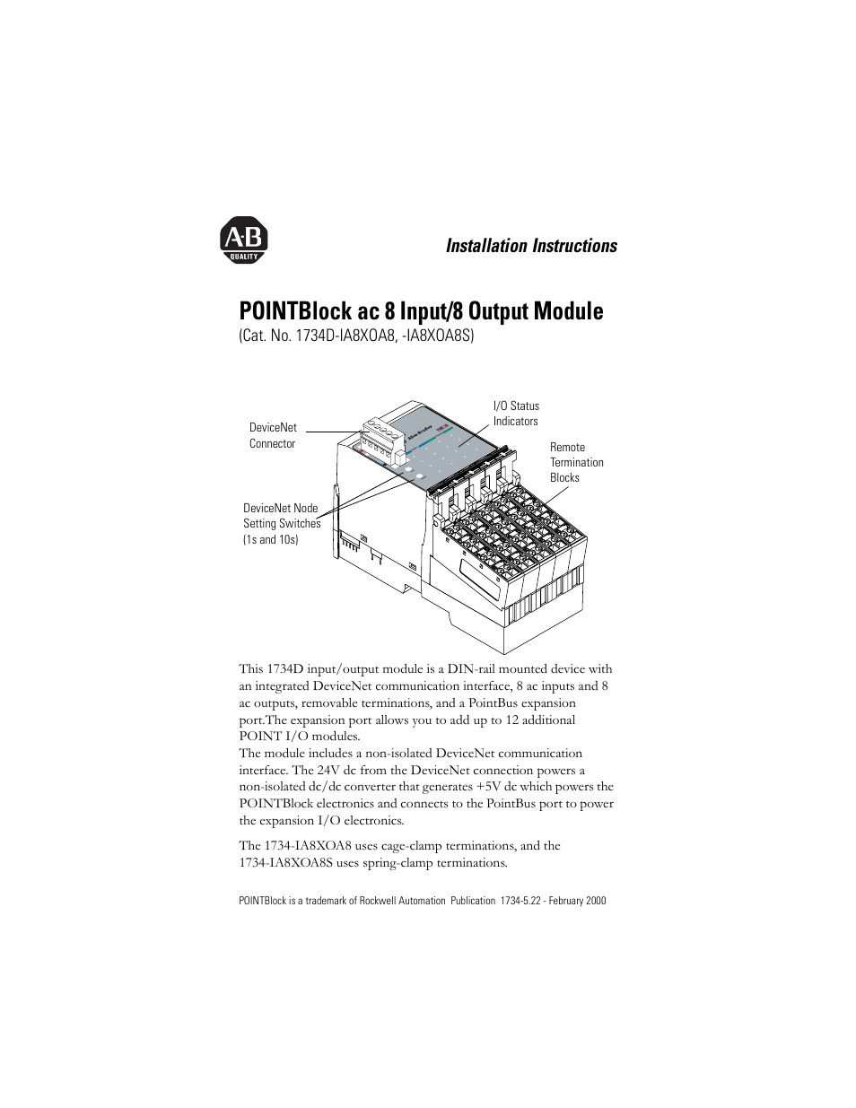 Rockwell Automation 1734D-IA8XOA8 POINTBlock ac 8 Input/8 Output Module User Manual | 12 pages