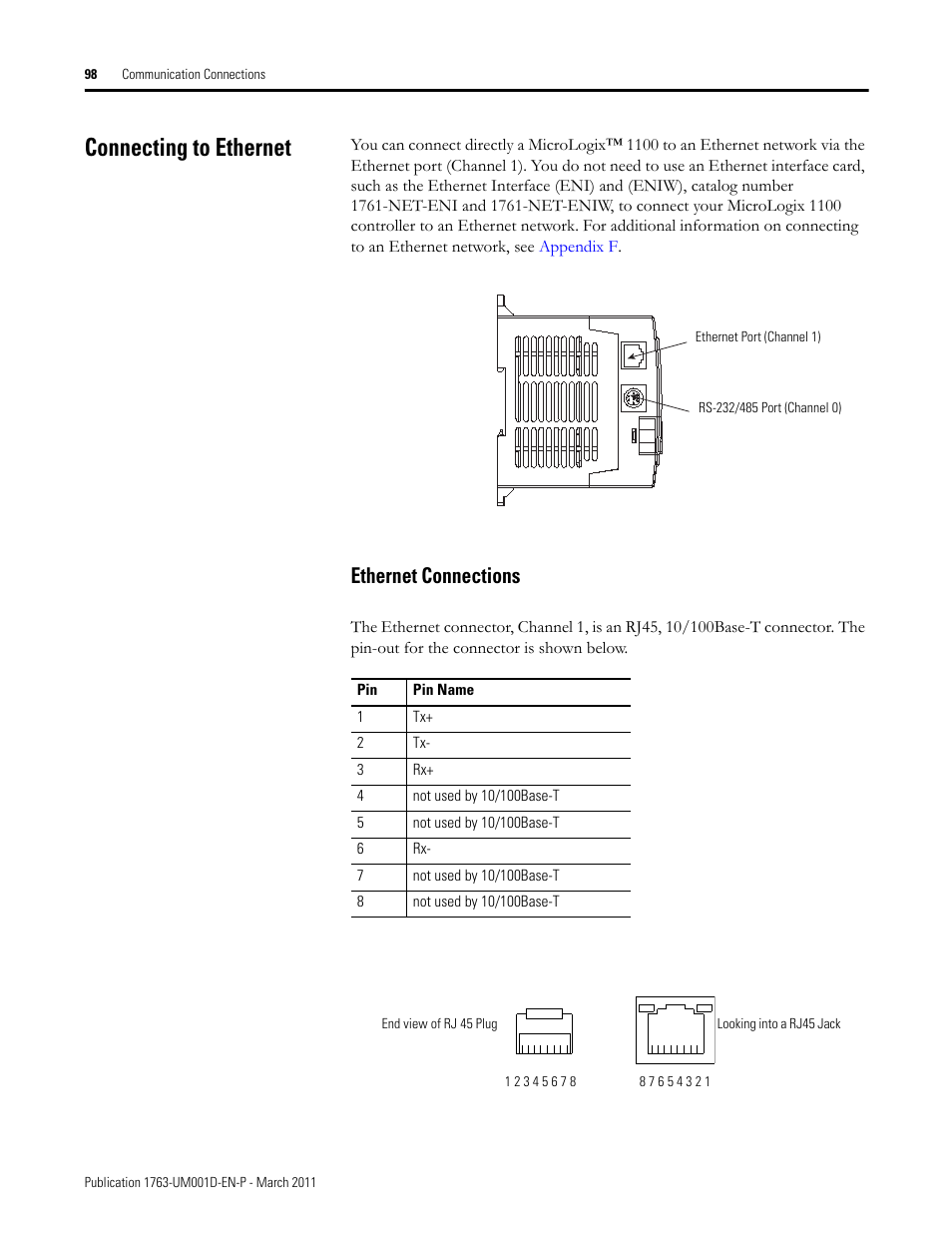 Connecting to ethernet, Ethernet connections | Rockwell Automation 1763 MicroLogix 1100 Programmable Controllers User Manual User Manual | Page 100 / 256