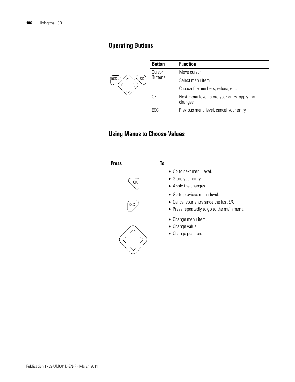 Operating buttons, Using menus to choose values, Operating buttons using menus to choose values | Rockwell Automation 1763 MicroLogix 1100 Programmable Controllers User Manual User Manual | Page 108 / 256