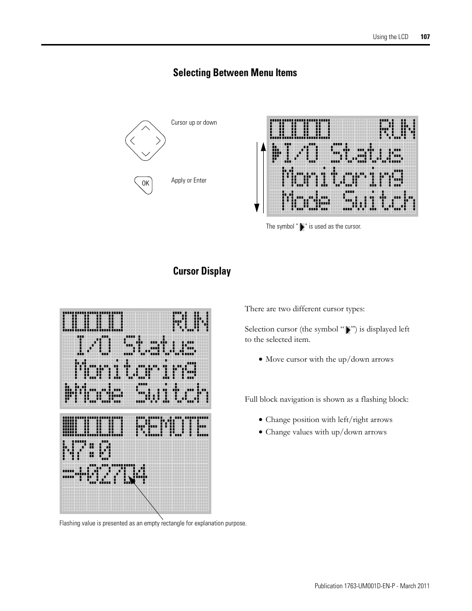 Selecting between menu items, Cursor display, Selecting between menu items cursor display | Rockwell Automation 1763 MicroLogix 1100 Programmable Controllers User Manual User Manual | Page 109 / 256