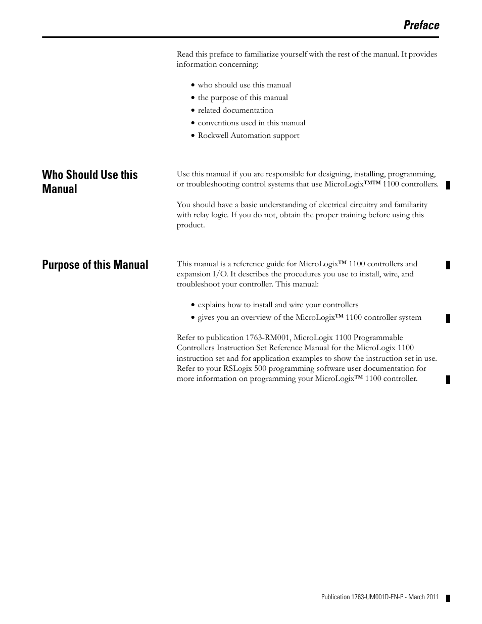 Who should use this manual, Purpose of this manual, Preface | Who should use this manual purpose of this manual | Rockwell Automation 1763 MicroLogix 1100 Programmable Controllers User Manual User Manual | Page 11 / 256