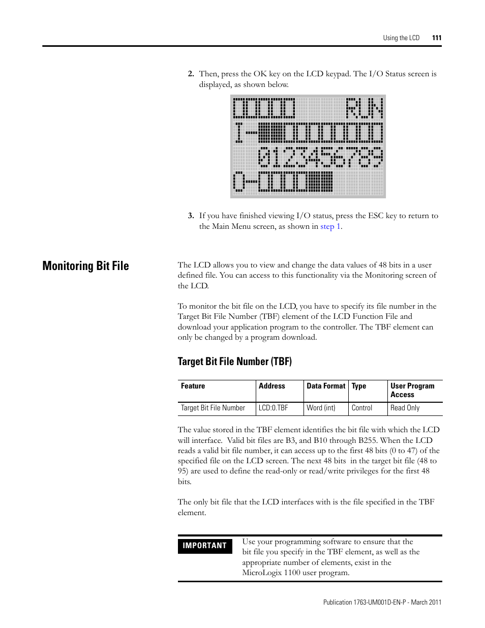 Monitoring bit file, Target bit file number (tbf) | Rockwell Automation 1763 MicroLogix 1100 Programmable Controllers User Manual User Manual | Page 113 / 256
