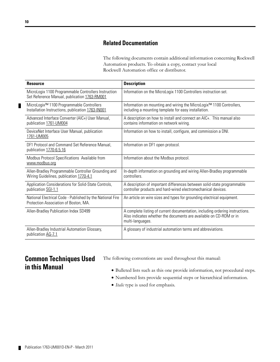 Related documentation, Common techniques used in this manual | Rockwell Automation 1763 MicroLogix 1100 Programmable Controllers User Manual User Manual | Page 12 / 256