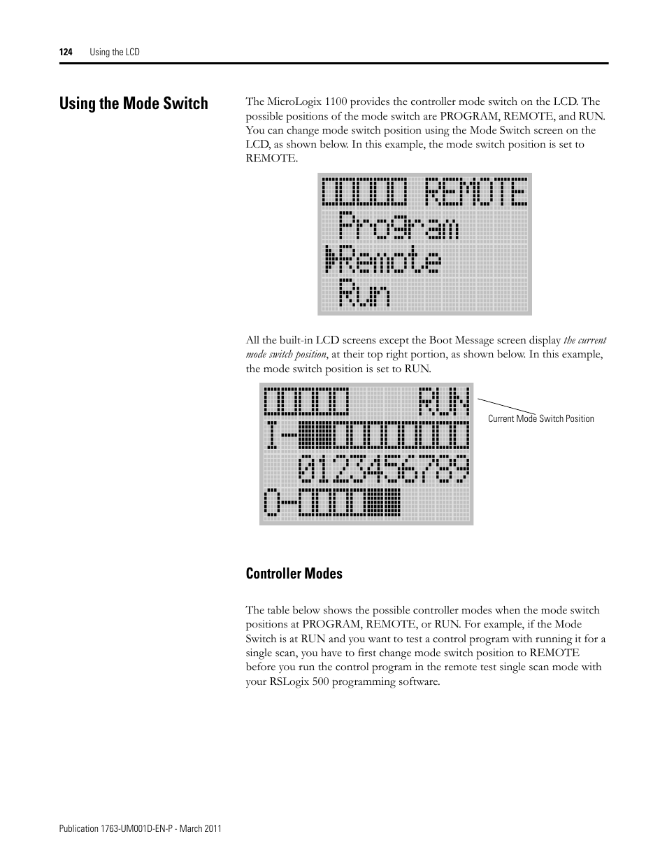 Using the mode switch, Controller modes | Rockwell Automation 1763 MicroLogix 1100 Programmable Controllers User Manual User Manual | Page 126 / 256