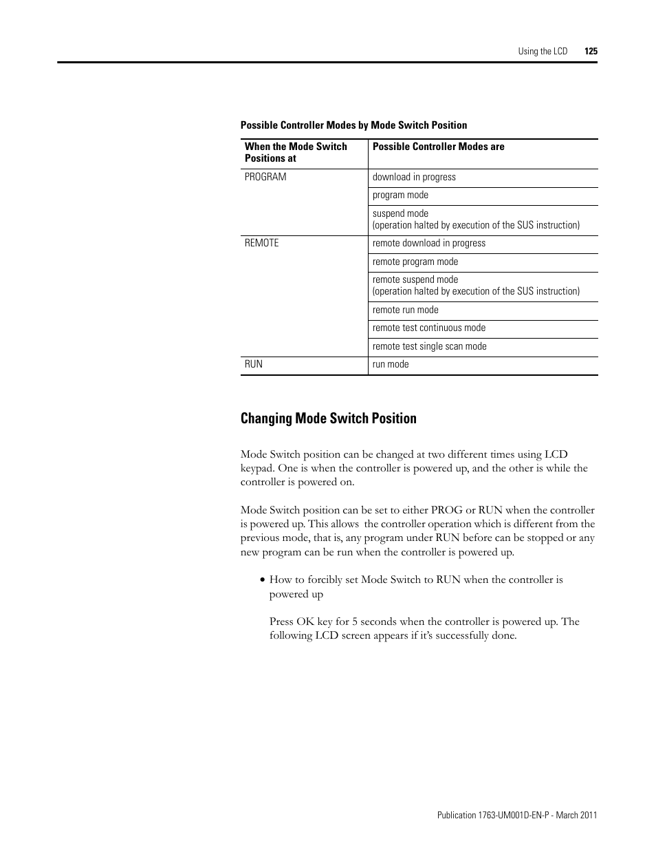 Changing mode switch position | Rockwell Automation 1763 MicroLogix 1100 Programmable Controllers User Manual User Manual | Page 127 / 256