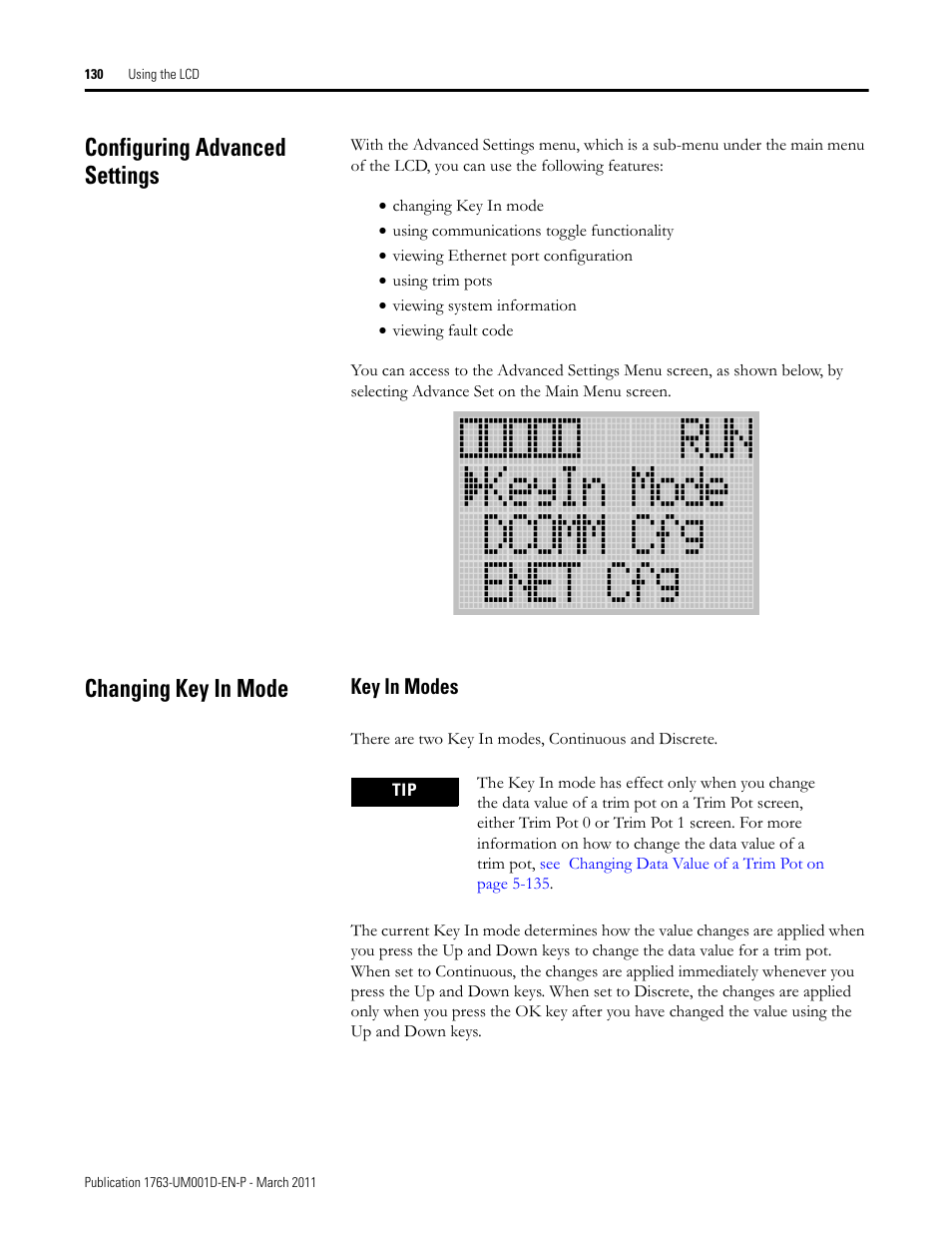 Configuring advanced settings, Changing key in mode, Key in modes | Configuring advanced settings changing key in mode | Rockwell Automation 1763 MicroLogix 1100 Programmable Controllers User Manual User Manual | Page 132 / 256