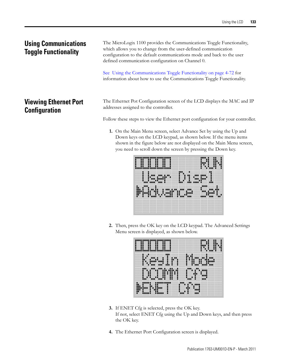 Using communications toggle functionality, Viewing ethernet port configuration | Rockwell Automation 1763 MicroLogix 1100 Programmable Controllers User Manual User Manual | Page 135 / 256