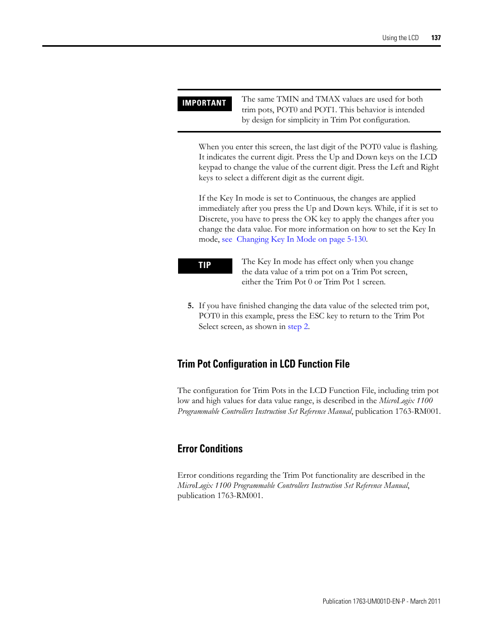 Trim pot configuration in lcd function file, Error conditions | Rockwell Automation 1763 MicroLogix 1100 Programmable Controllers User Manual User Manual | Page 139 / 256