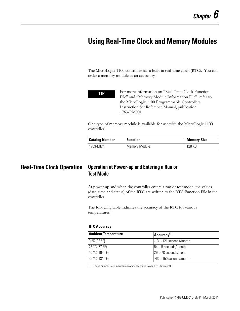 6 - using real-time clock and memory modules, Real-time clock operation, Chapter 6 | Using real-time clock and memory modules, Chapter | Rockwell Automation 1763 MicroLogix 1100 Programmable Controllers User Manual User Manual | Page 143 / 256