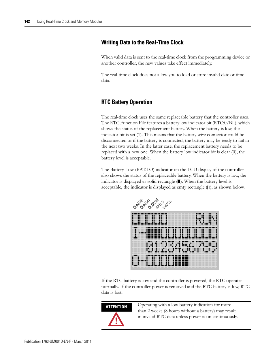 Writing data to the real-time clock, Rtc battery operation | Rockwell Automation 1763 MicroLogix 1100 Programmable Controllers User Manual User Manual | Page 144 / 256