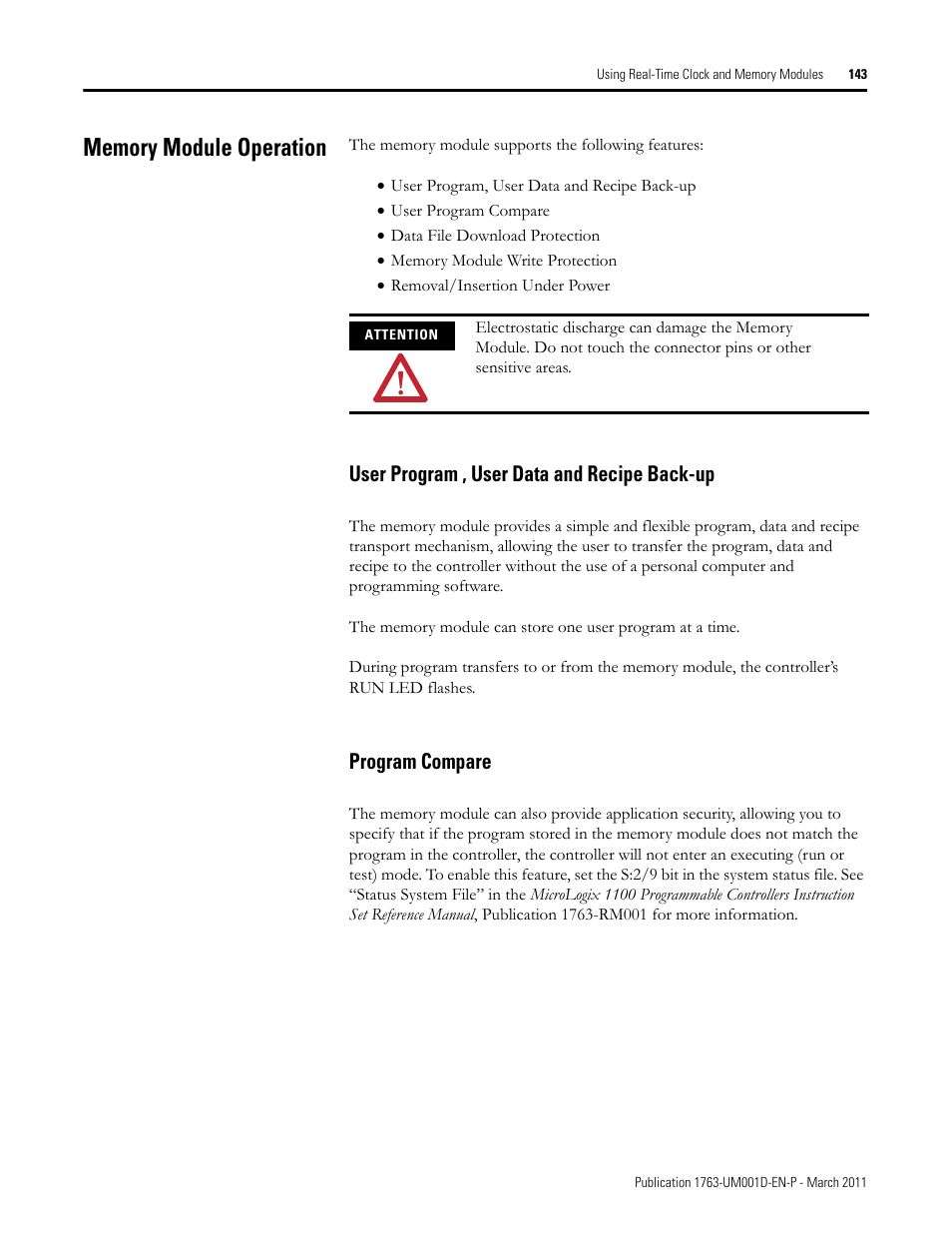 Memory module operation, User program , user data and recipe back-up, Program compare | Rockwell Automation 1763 MicroLogix 1100 Programmable Controllers User Manual User Manual | Page 145 / 256