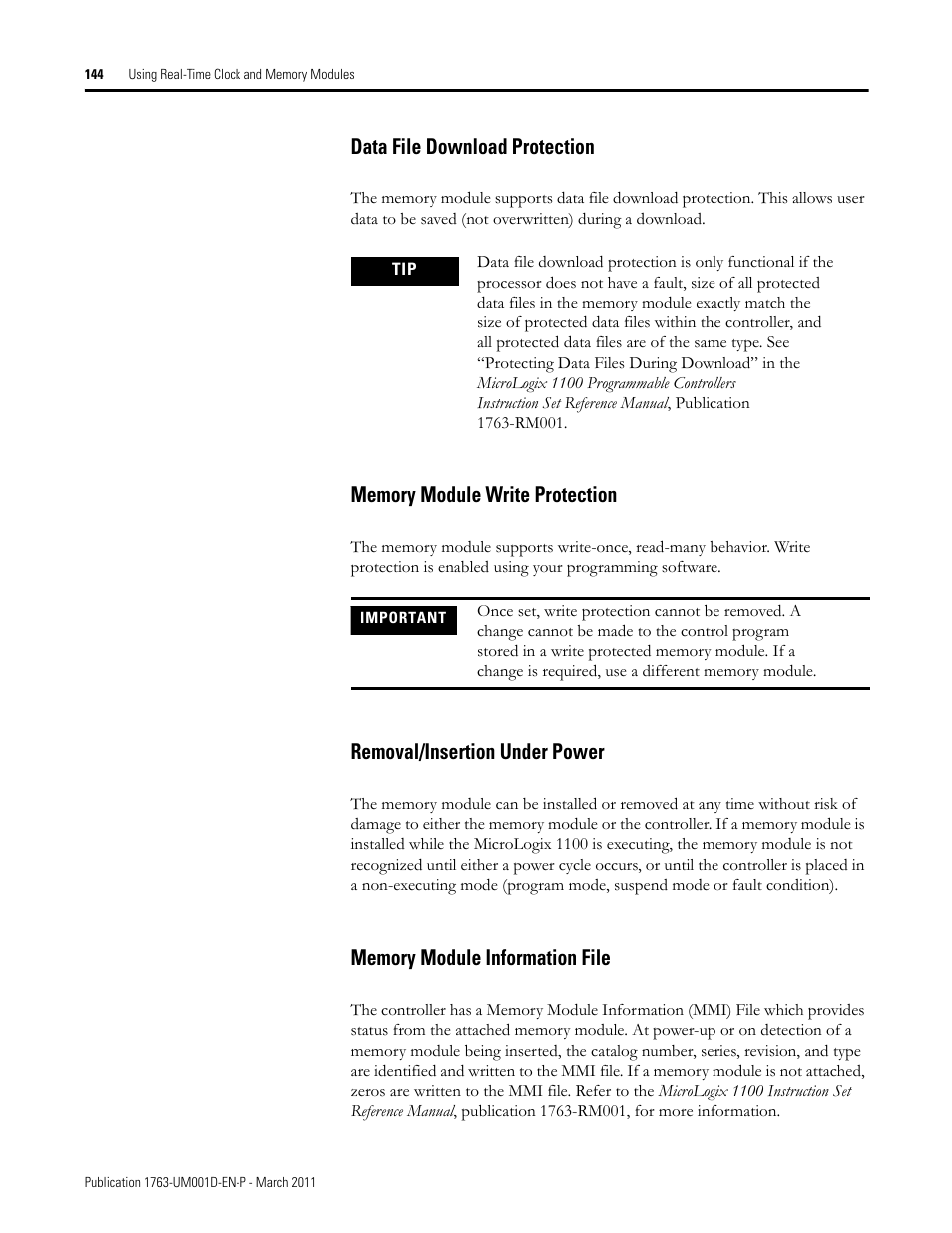 Data file download protection, Memory module write protection, Removal/insertion under power | Memory module information file | Rockwell Automation 1763 MicroLogix 1100 Programmable Controllers User Manual User Manual | Page 146 / 256