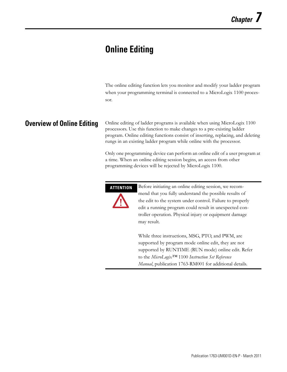 7 - online editing, Overview of online editing, Chapter 7 | Online editing | Rockwell Automation 1763 MicroLogix 1100 Programmable Controllers User Manual User Manual | Page 149 / 256
