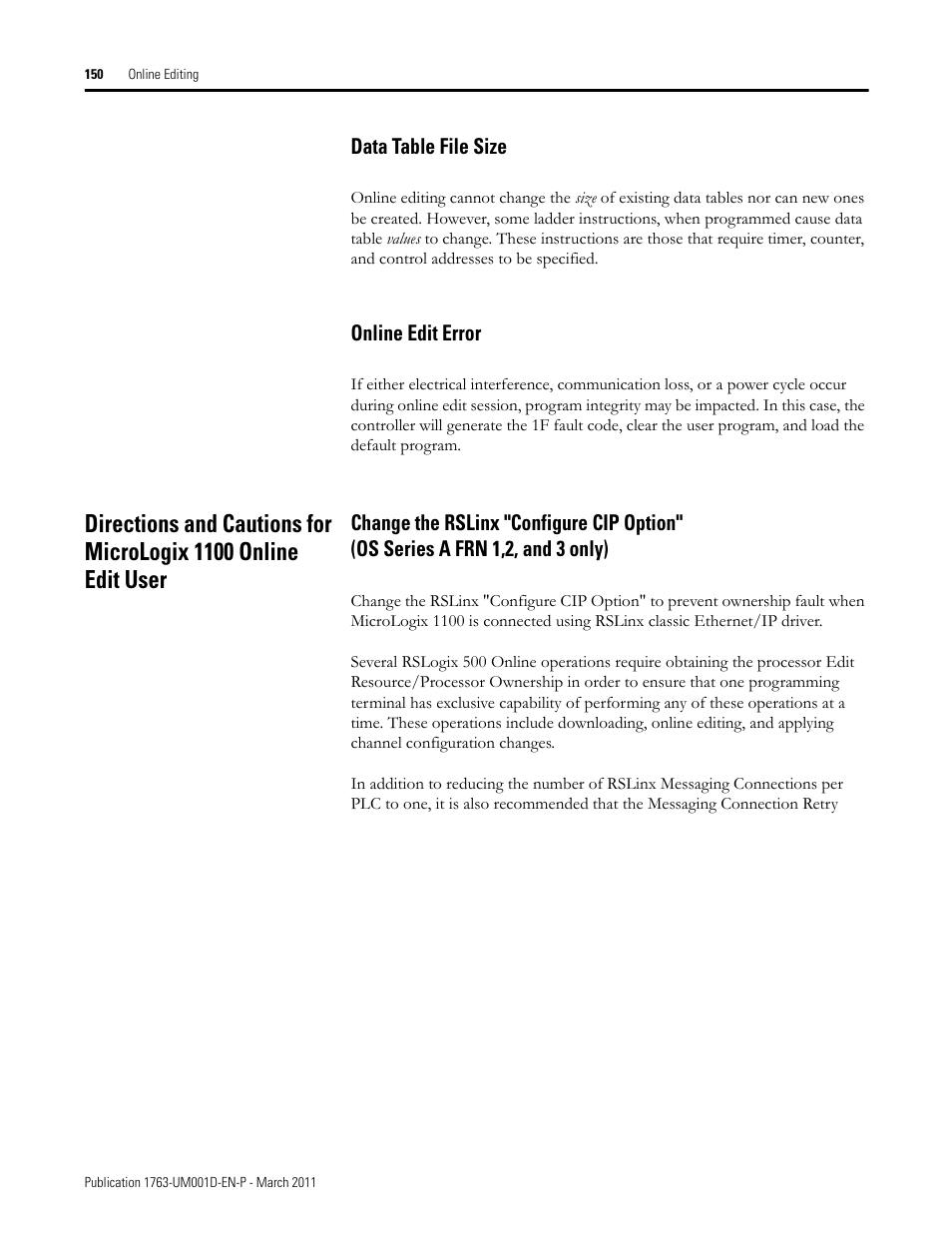 Data table file size, Online edit error, Data table file size online edit error | Rockwell Automation 1763 MicroLogix 1100 Programmable Controllers User Manual User Manual | Page 152 / 256