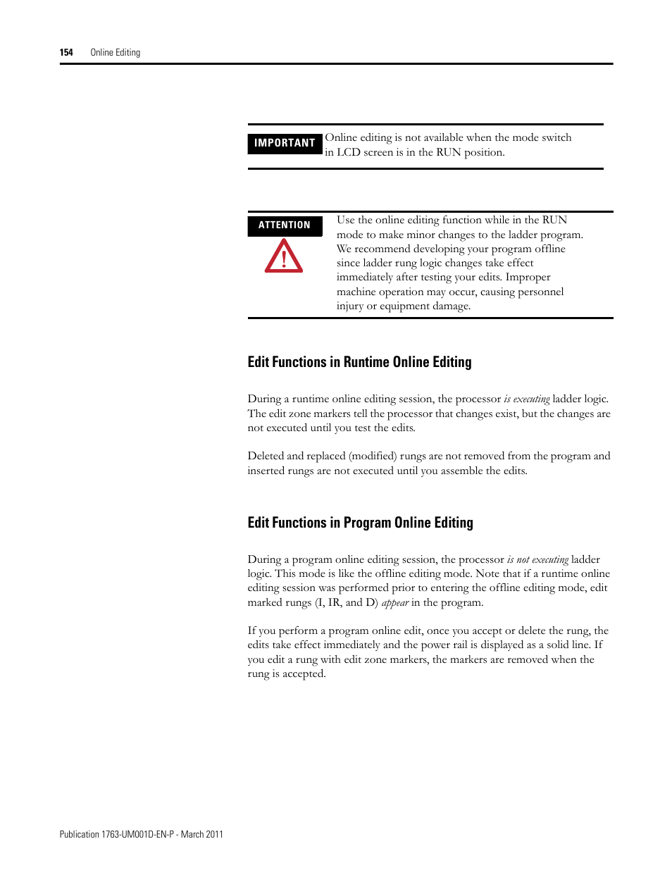 Edit functions in runtime online editing, Edit functions in program online editing | Rockwell Automation 1763 MicroLogix 1100 Programmable Controllers User Manual User Manual | Page 156 / 256