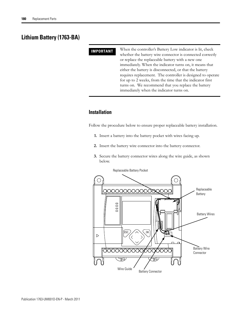 Lithium battery (1763-ba), Installation | Rockwell Automation 1763 MicroLogix 1100 Programmable Controllers User Manual User Manual | Page 182 / 256