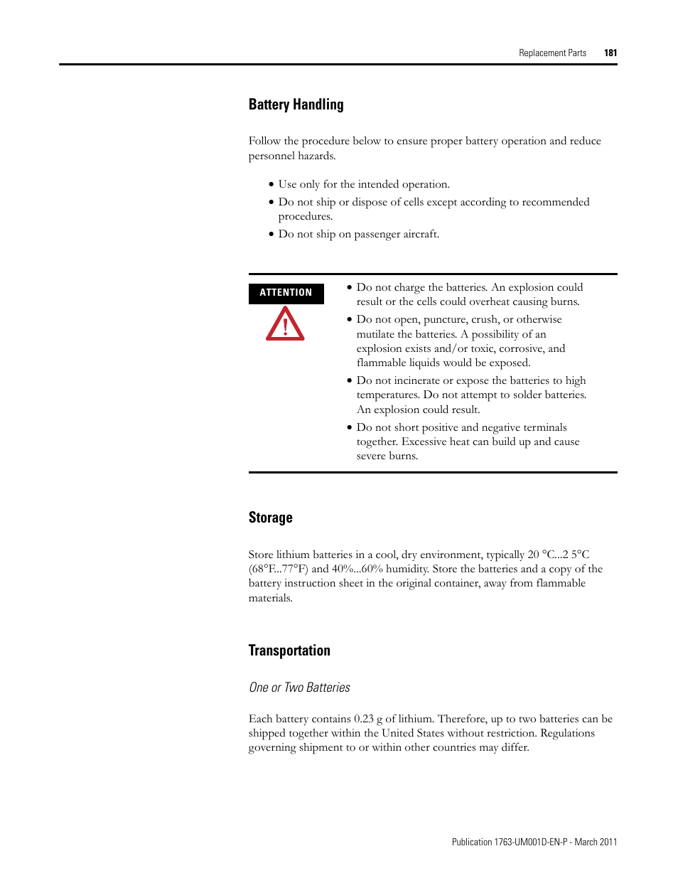 Battery handling, Storage, Transportation | Battery handling storage | Rockwell Automation 1763 MicroLogix 1100 Programmable Controllers User Manual User Manual | Page 183 / 256