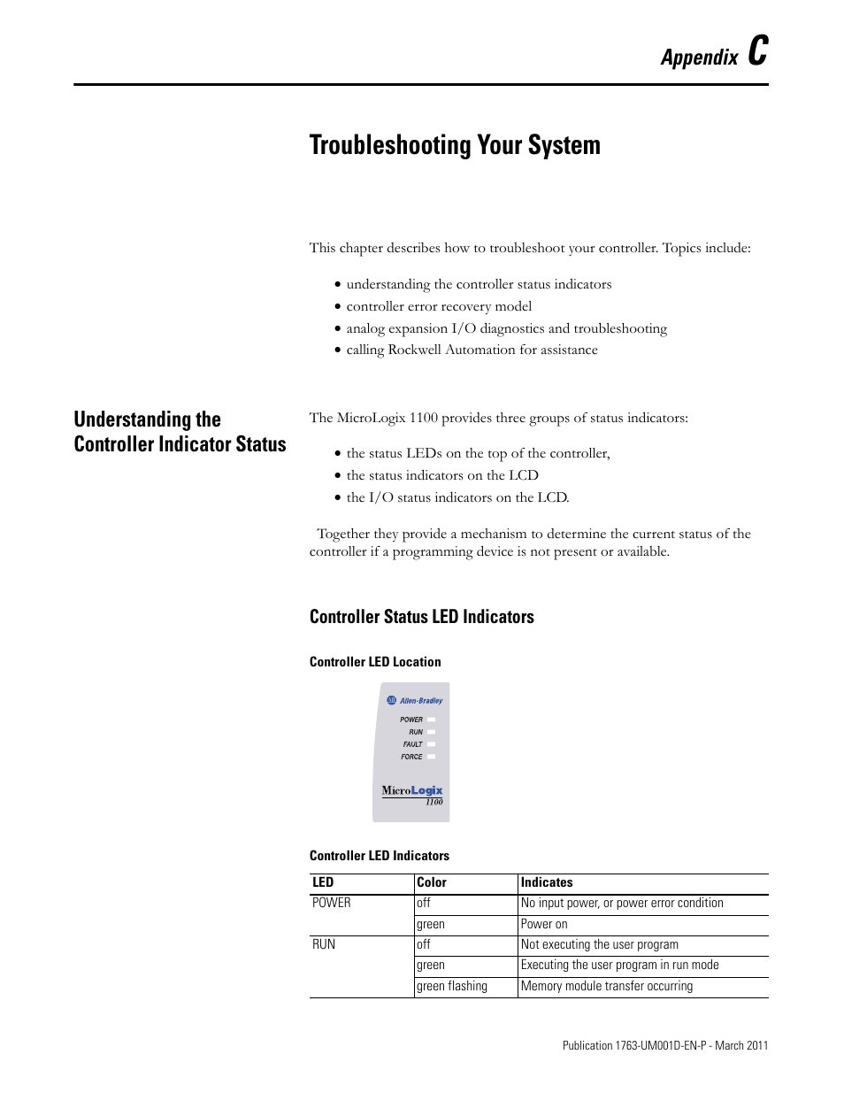 C - troubleshooting your system, Understanding the controller indicator status, Controller status led indicators | Appendix c, Troubleshooting your system, Appendix | Rockwell Automation 1763 MicroLogix 1100 Programmable Controllers User Manual User Manual | Page 187 / 256